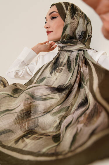 Akvarel Desen Bambu Kraş Şal Haki - Başörtüsü