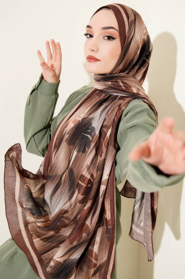 Akvarel Desen Bambu Kraş Şal Kahve - Başörtüsü