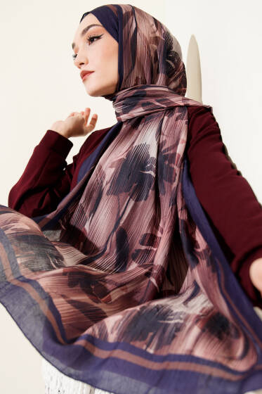 Akvarel Desen Bambu Kraş Şal Lacivert - Başörtüsü