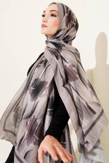 Akvarel Desen Bambu Kraş Şal Taş Gri - Başörtüsü