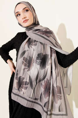 Akvarel Desen Bambu Kraş Şal Taş Gri - Başörtüsü
