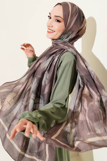 Akvarel Desen Bambu Kraş Şal Vizon - Başörtüsü