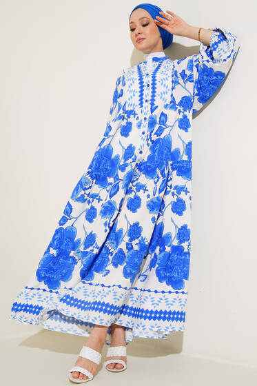Alaçatı Dokuma Kiloş Düğmeli Elbise Mavi - Tesettür Elbise