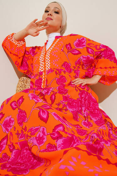 Alaçatı Dokuma Kiloş Düğmeli Elbise Oranj - Tesettür Elbise