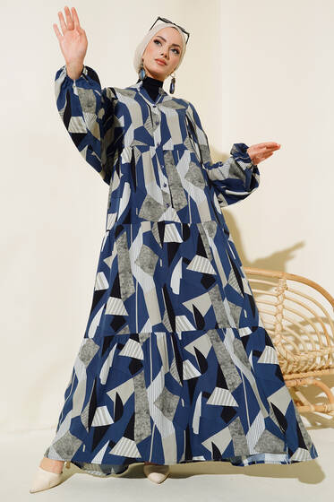 Alaçatı Dokuma Kloş Elbise Lacivert - Tesettür Elbise