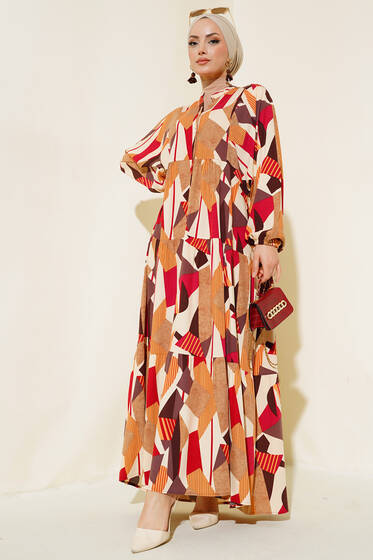 Alaçatı Dokuma Kloş Elbise Vizon - Tesettür Elbise