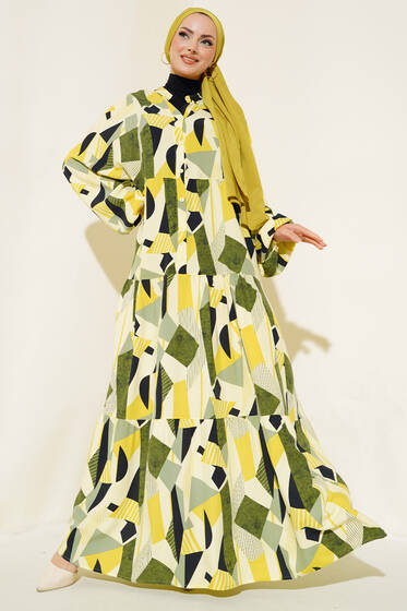 Alaçatı Dokuma Kloş Elbise Yağ Yeşili - Tesettür Elbise