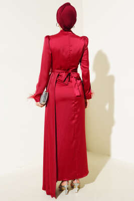 Piliseli Tüylü Manşet Elbise Bordo - Tesettür Elbise