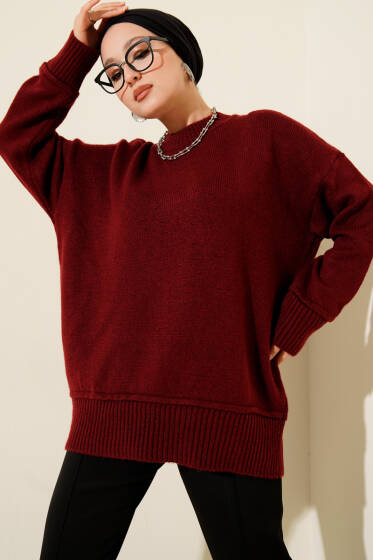 Alt Dikişli Yumoş Triko Tunik Bordo - Tunik