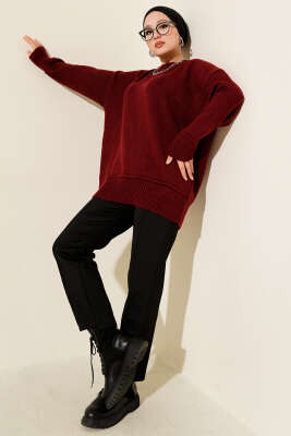 Alt Dikişli Yumoş Triko Tunik Bordo - Tunik