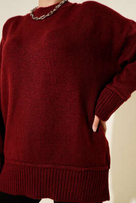 Alt Dikişli Yumoş Triko Tunik Bordo - Tunik