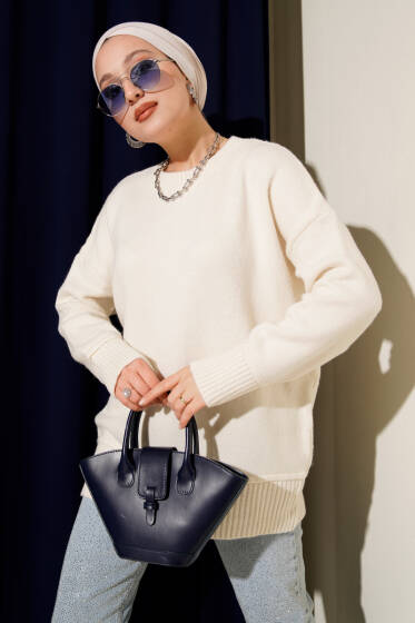 Alt Dikişli Yumoş Triko Tunik Ekru - Tunik