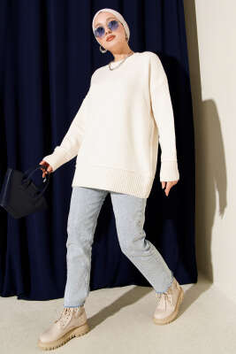 Alt Dikişli Yumoş Triko Tunik Ekru - Tunik