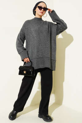 Alt Dikişli Yumoş Triko Tunik Füme - Tunik