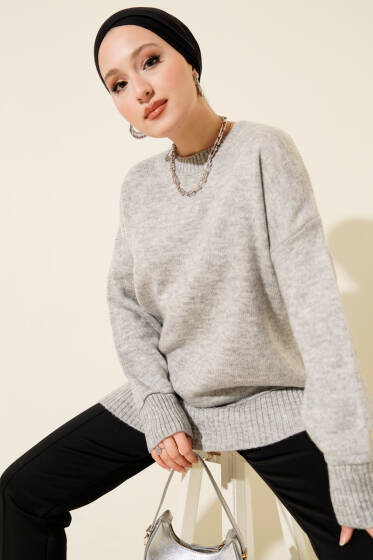 Alt Dikişli Yumoş Triko Tunik Gri - Tunik