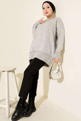 Alt Dikişli Yumoş Triko Tunik Gri - Tunik