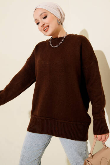 Alt Dikişli Yumoş Triko Tunik Kahve - Tunik