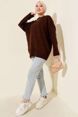 Alt Dikişli Yumoş Triko Tunik Kahve - Tunik