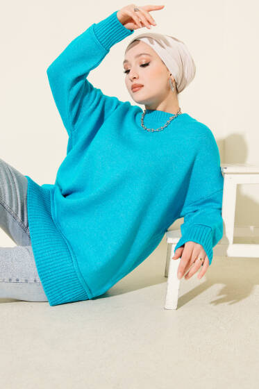 Alt Dikişli Yumoş Triko Tunik Mavi - Tunik