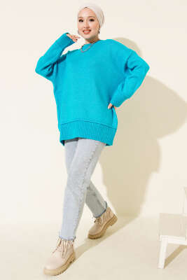 Alt Dikişli Yumoş Triko Tunik Mavi - Tunik