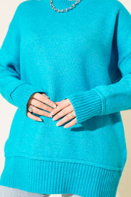 Alt Dikişli Yumoş Triko Tunik Mavi - Tunik