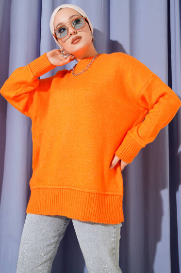 Alt Dikişli Yumoş Triko Tunik Oranj - Tunik