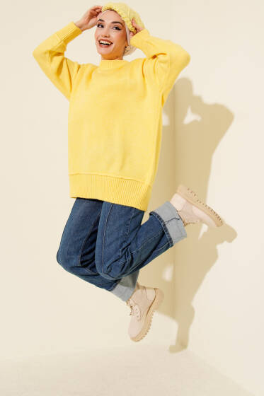 Alt Dikişli Yumoş Triko Tunik Sarı - Tunik