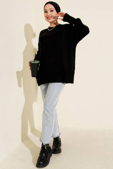 Alt Dikişli Yumoş Triko Tunik Siyah - Tunik