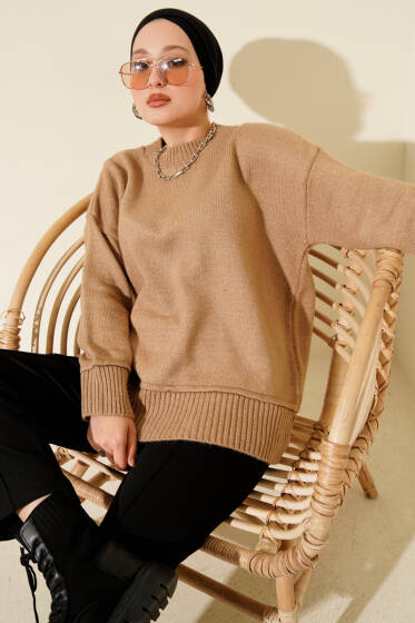 Alt Dikişli Yumoş Triko Tunik Vizon - Tunik