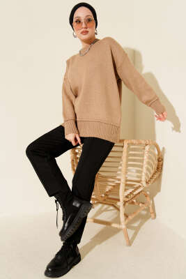 Alt Dikişli Yumoş Triko Tunik Vizon - Tunik