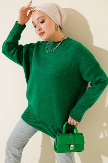 Alt Dikişli Yumoş Triko Tunik Yeşil - Tunik