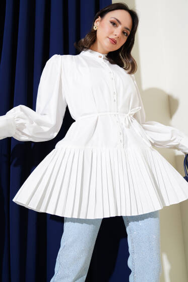 Alt Fırfırlı İp Kuşaklı Gömlek Ekru - Gömlek