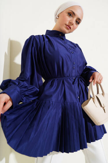 Alt Fırfırlı İp Kuşaklı Gömlek Lacivert - Gömlek