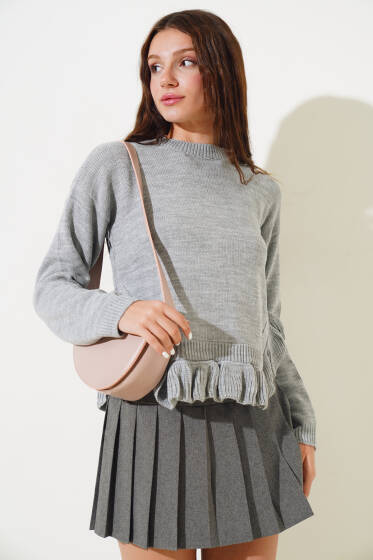 Alt Fırfırlı Kısa Triko Kazak Gri - Triko