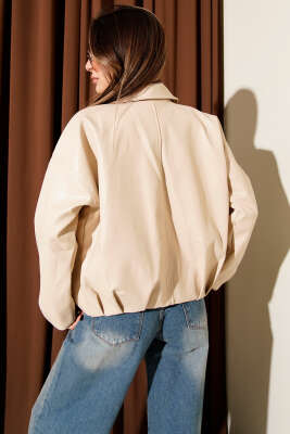 Alt Kemer Tokalı Fermuarlı Deri Ceket Bej - Kadın Giyim Modelleri