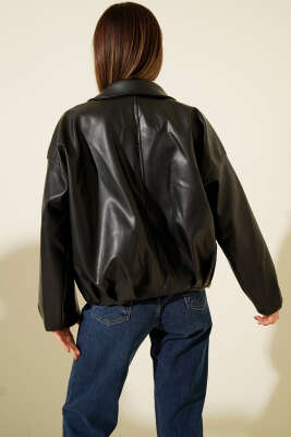 Alt Kemer Tokalı Fermuarlı Deri Ceket Siyah - Kadın Giyim Modelleri