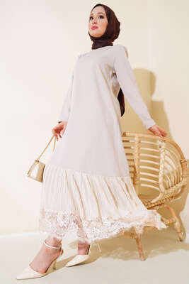 Altı Piliseli Dantelli Elbise Bej - Tesettür Elbise