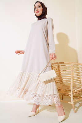 Altı Piliseli Dantelli Elbise Bej - Tesettür Elbise