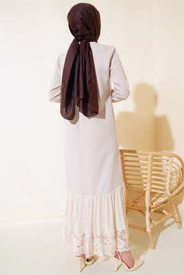 Altı Piliseli Dantelli Elbise Bej - Tesettür Elbise