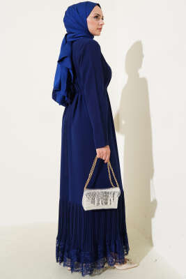 Altı Piliseli Dantelli Elbise Lacivert - Tesettür Elbise