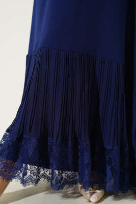 Altı Piliseli Dantelli Elbise Lacivert - Tesettür Elbise