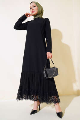 Altı Piliseli Dantelli Elbise Siyah 