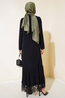 Altı Piliseli Dantelli Elbise Siyah - Tesettür Elbise