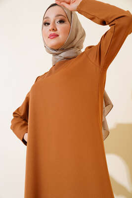 Altı Piliseli Dantelli Elbise Taba - Tesettür Elbise