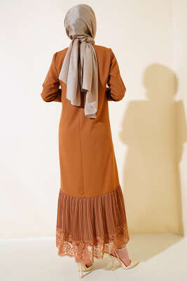 Altı Piliseli Dantelli Elbise Taba - Tesettür Elbise