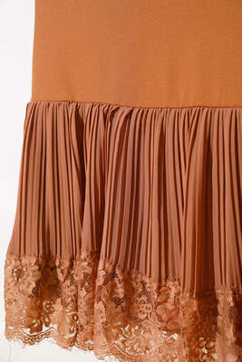 Altı Piliseli Dantelli Elbise Taba - Tesettür Elbise