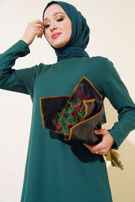 Altı Piliseli Dantelli Elbise Zümrüt - Tesettür Elbise