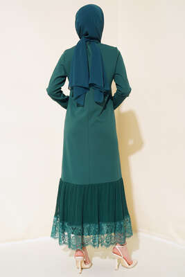 Altı Piliseli Dantelli Elbise Zümrüt - Tesettür Elbise