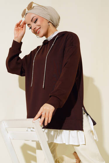 Altı Poplin Kapüşonlu Tunik Acı Kahve - Tunik