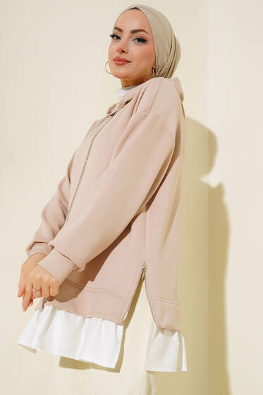Altı Poplin Kapüşonlu Tunik Bej - Tunik